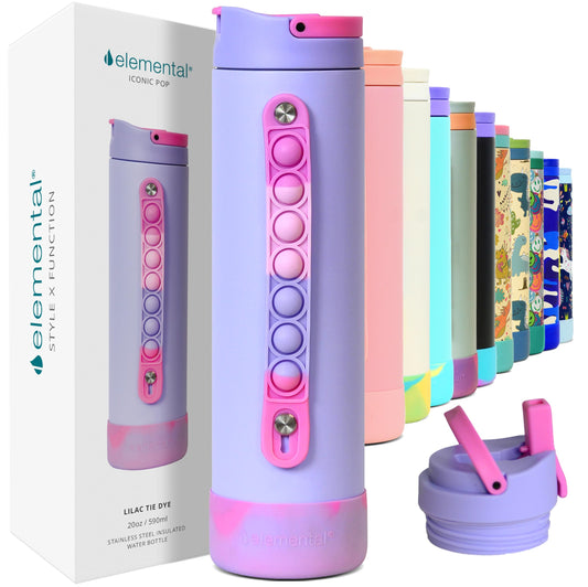 Elemental Iconic Kids Water Bottle with Straw Lid & Stress Reliever Pop It Handle, Leak-Proof When Closed, Triple Insulated Stainless Steel Reusable Thermos Water Bottle, 20oz - Lilac Tie Dye