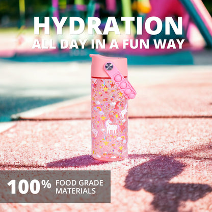 Elemental Leak Proof Water Bottles for Kids - Splash Kids Water Bottle for School with Pop-it Handle - BPA Free Tritan Plastic Reusable Water Bottle with Straw - Pink Unicorn - 18oz