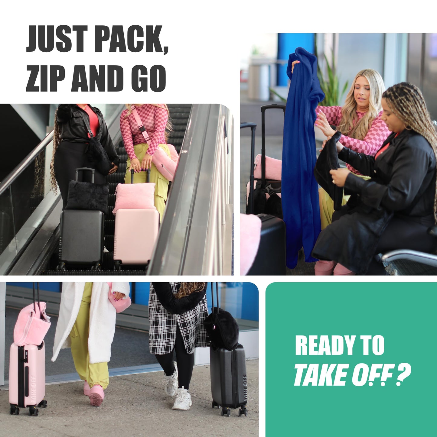 Take OFF Luggage - Compact Travel Blanket and Pillow, Super Soft Stuffable Bag with Zipper Pockets & a Keychain, Fits 3 Days of Essentials, Carry on Airplanes, Cars and Road Trip Accessories, Blue