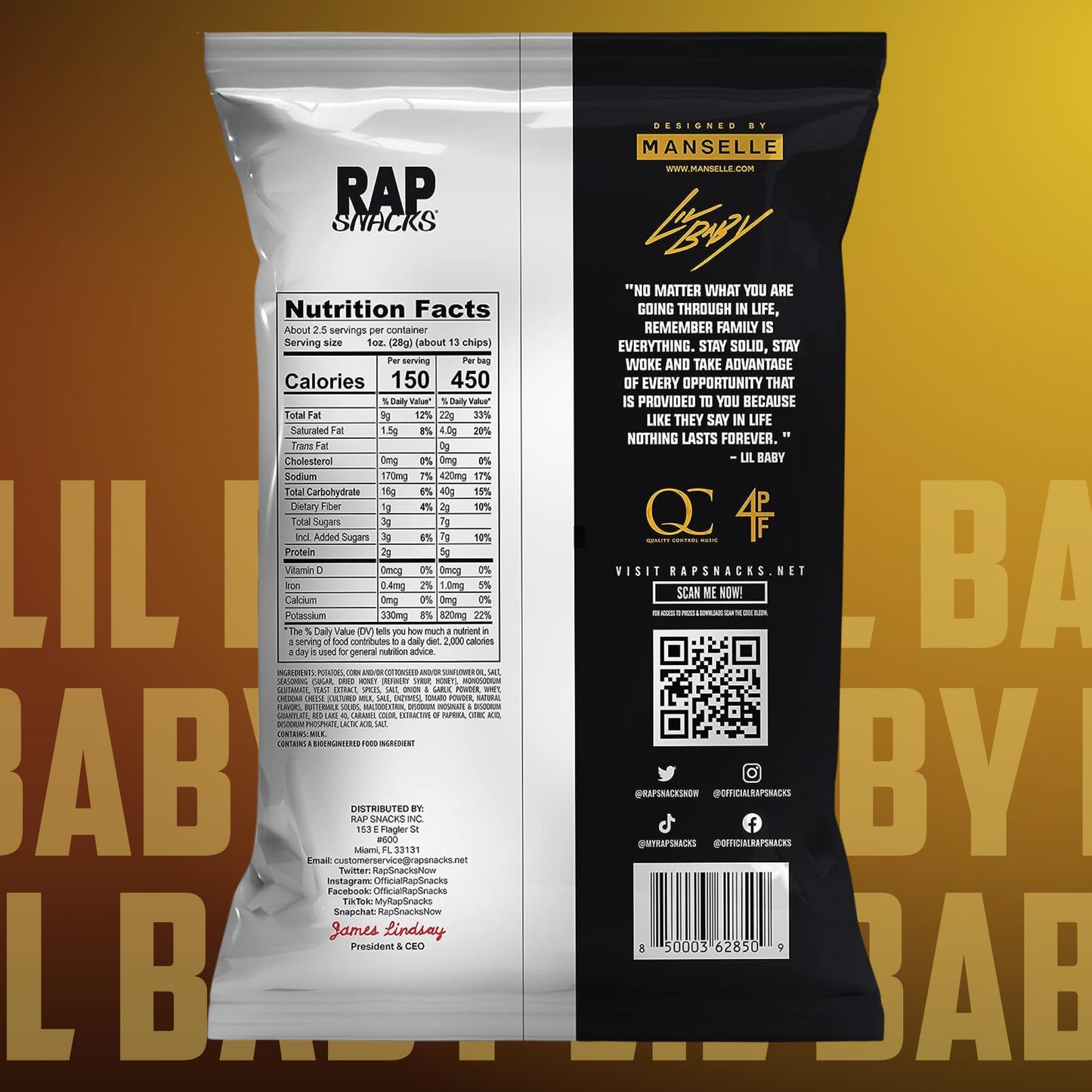 Rap Snacks Lil Baby Cheddar Cheese + Sour Cream Potato Chips 2.5 Oz Bags-Pack of 6