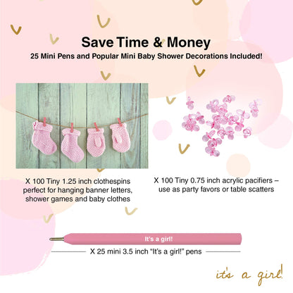 Dessie Ultimate Baby Shower Game Set - 9 Unique Girl Games, 100 Mini Clothespins, 100 Mini Acrylic Pacifiers, 25 Pens