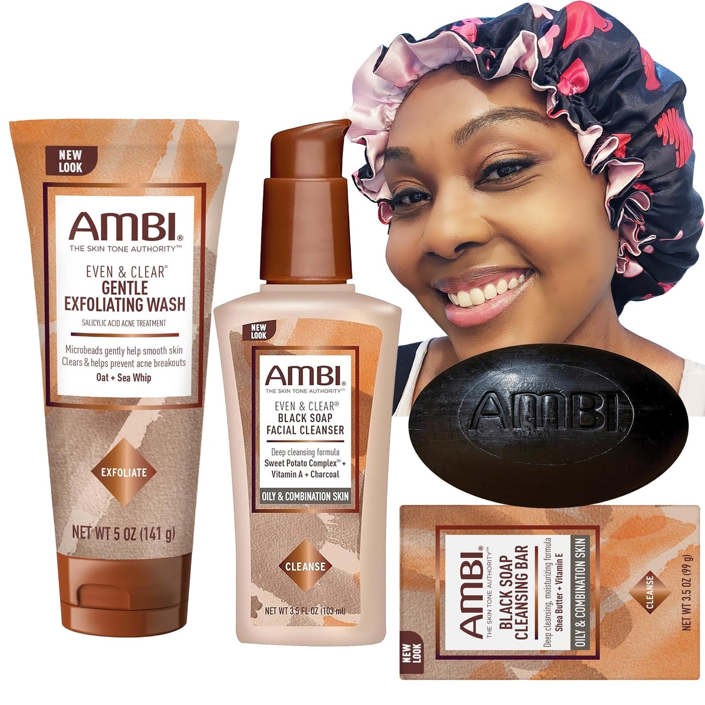 Zomac Satin Bonnet Bundle with Ambi Oily and Combination Skin Products, Includes Ambi Black Soap Cleansing Bar, Ambi Gentle Exfoliating Wash, and Ambi Black Soap Facial Cleanser