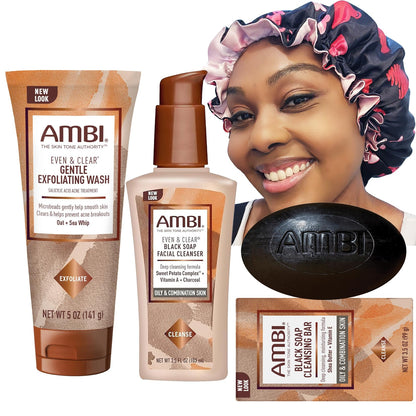Zomac Satin Bonnet Bundle with Ambi Oily and Combination Skin Products, Includes Ambi Black Soap Cleansing Bar, Ambi Gentle Exfoliating Wash, and Ambi Black Soap Facial Cleanser