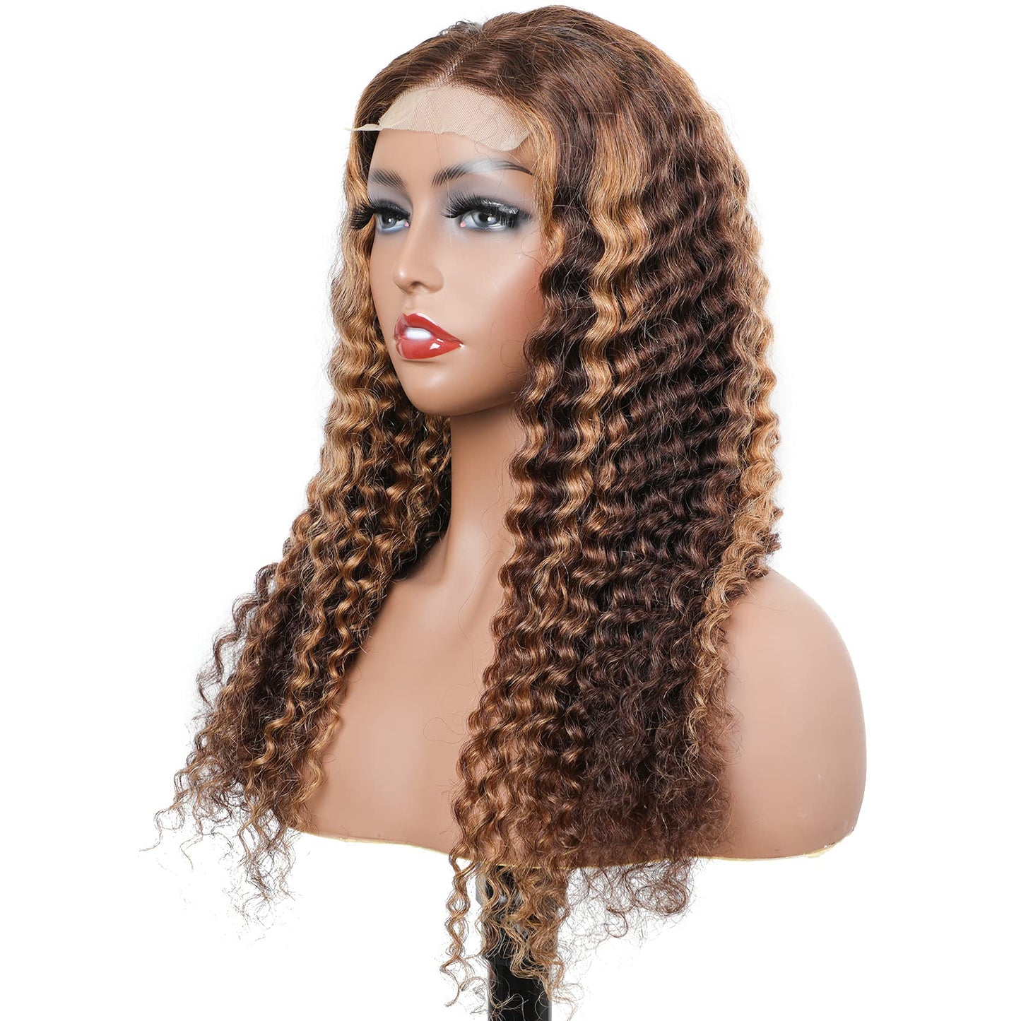 BLY Highlight Human Hair Lace Front Wigs Deep Wave #4/27 Ombre Colored Glueless Wigs Pre Plucked 20 Inch 4x4 Transparent Curly Water Wave Lace Wig Honey Blonde Real Human Hair 180% Density