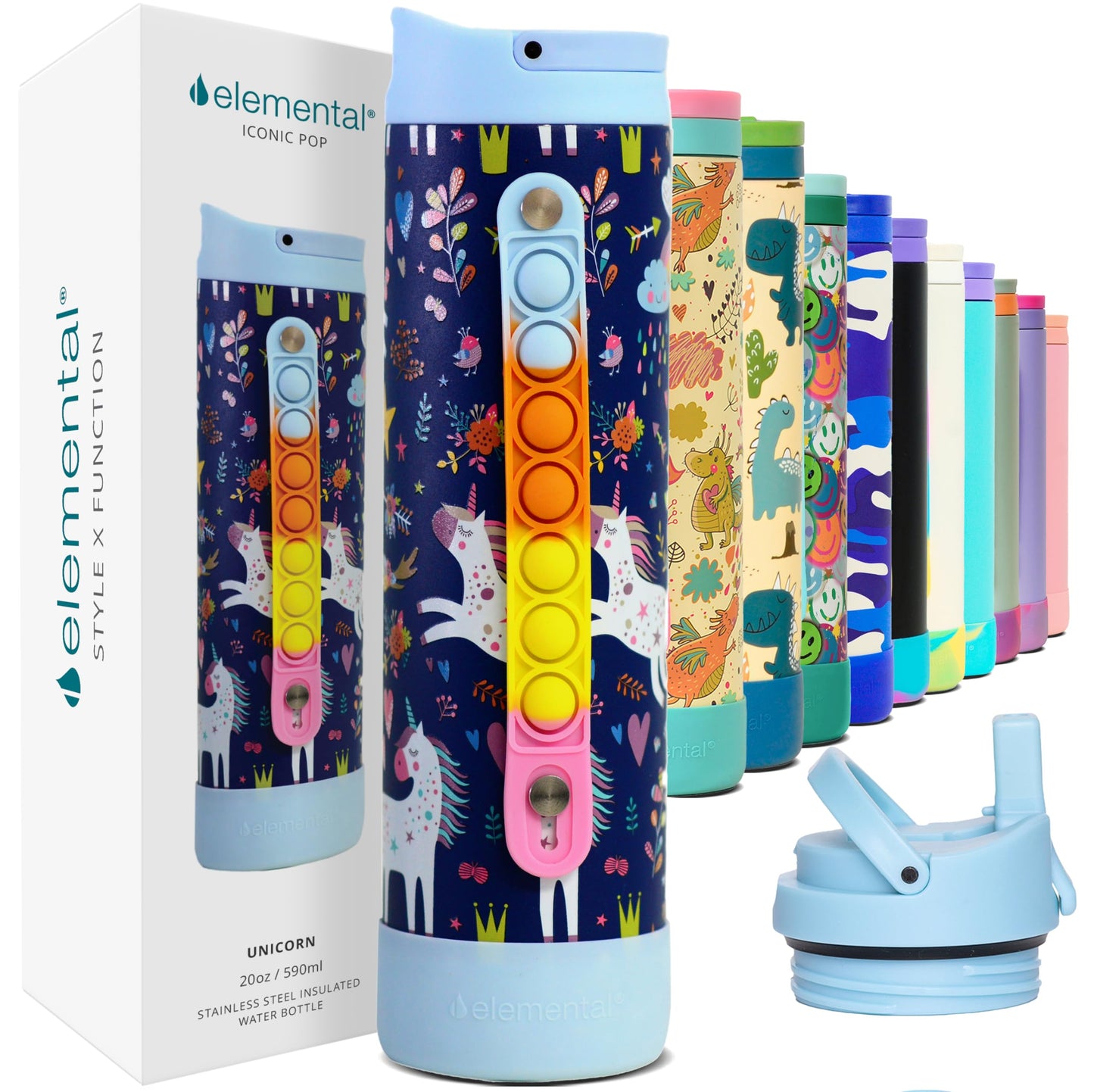 Elemental Iconic Kids Water Bottle with Straw Lid & Stress Reliever Pop It Handle, Leak-Proof When Closed, Triple Insulated Stainless Steel Reusable Thermos Water Bottle, 20oz - Unicorn