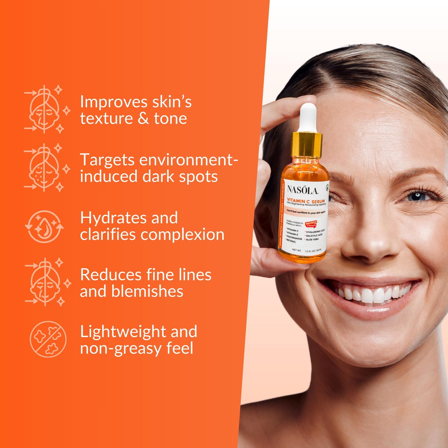 Nasola Vitamin C Serum for Skin Clarifying, Complexion Revitalization, Hydrating, Age Defying with Retinol, Salicylic, Hyaluronic Acid, Niacinamide & Aloe Vera