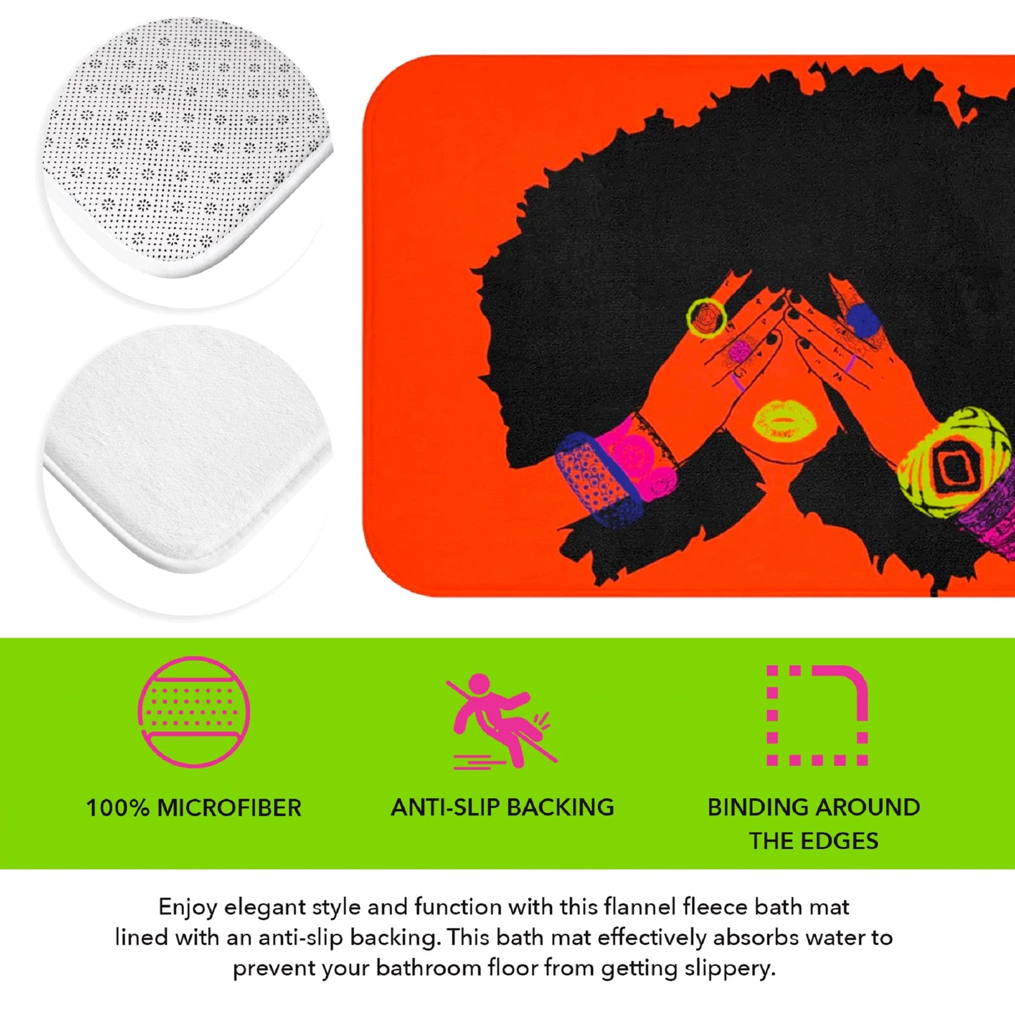 Pardon My Fro Shanell Bathroom Mat - Cushioned Soft Absorbent Bath Rugs with Printed Design - Washable Shower Mat Non Slip - Stylish Microfiber Bath Mat (Orange Bath Mat 30" X 20")