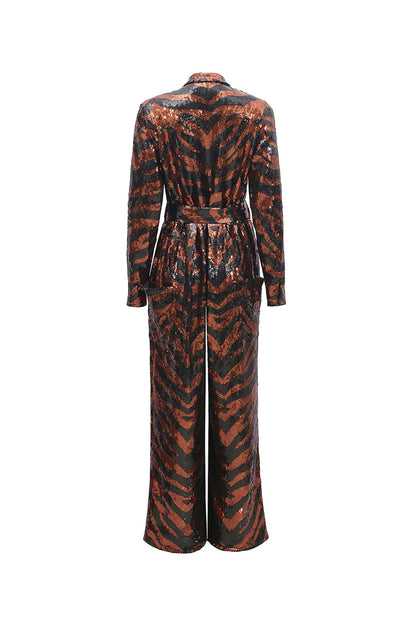 Pantora Women's Marina Sequin Jumpsuit, Tiger Print, Medium