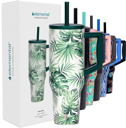 Elemental 40oz Tumbler with Handle and Straw - Spill Proof Insulated Stainless Steel Commuter for Hot & Cold Beverages - Travel Coffee Mug with 2 Straws & Spill Proof Lid - 40 oz - Monstera