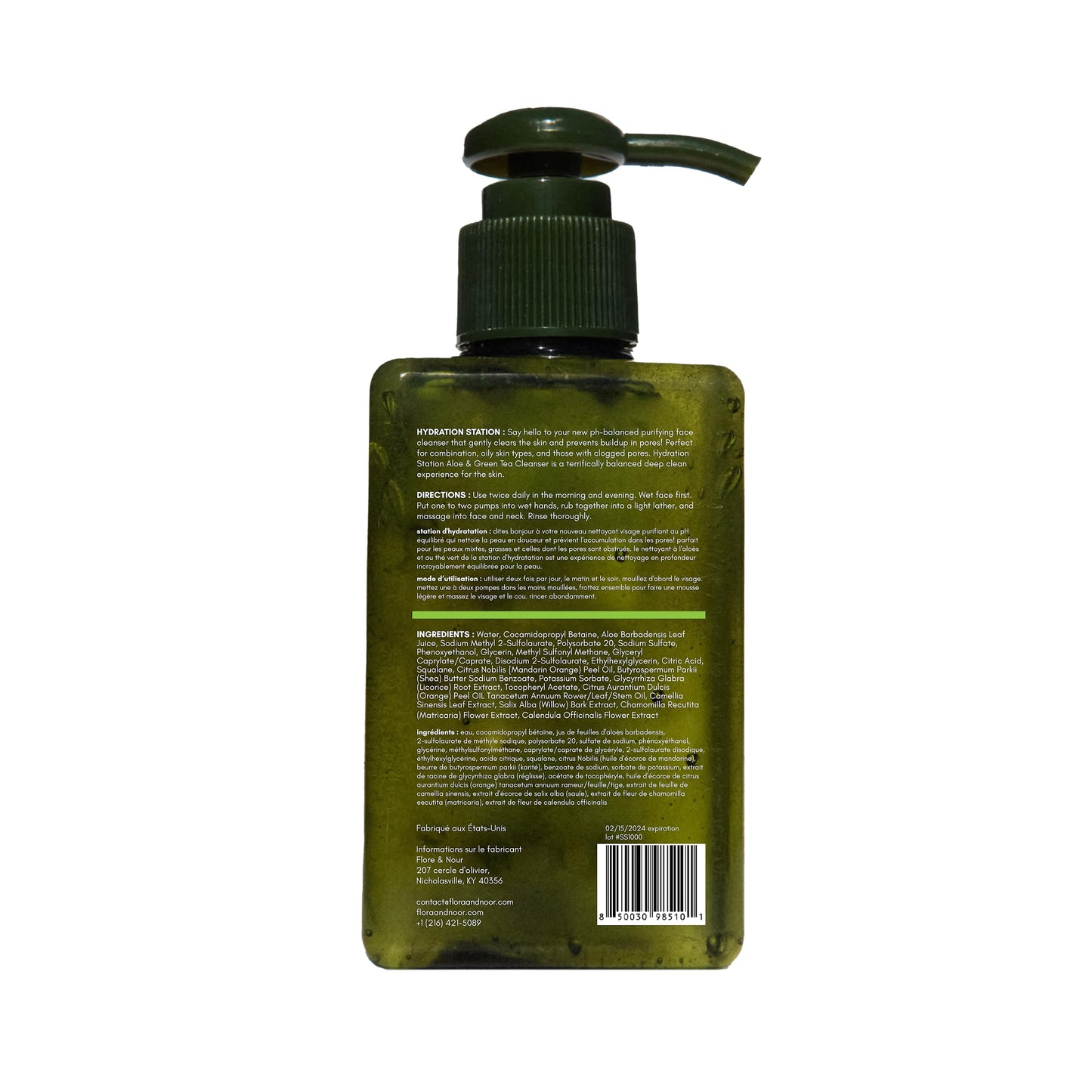 Flora & Noor Hydration Station Aloe & Green Tea Cleanser | Facial cleanser and Acne Treatment for Sensitive & Oily Skins | Daily Facial and Gentle Cleansing with Aloe Vera for Acne and Pores |(5.1Oz)