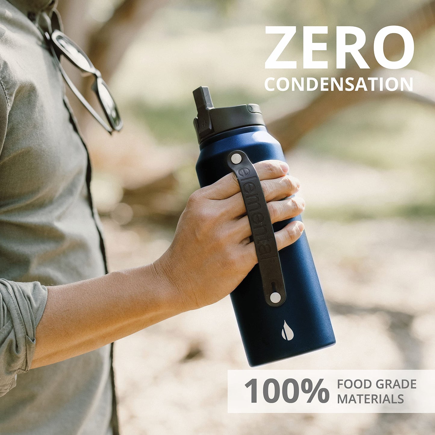 Elemental Iconic Stainless Steel Water Bottle with Straw - 32 oz Leak Proof Triple Wall Insulated Water Bottles for Travel and Sports - Reusable Gym Water Bottle with 2 Straws - Navy Blue