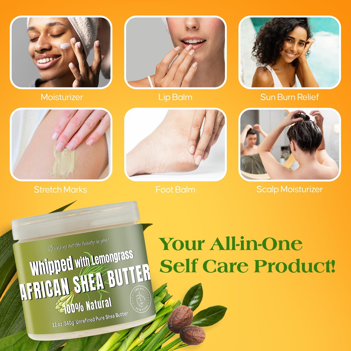 RA COSMETICS Whipped Shea Butter Lemongrass - 100% Pure and Natural African Shea Butter - Handcrafted Moisturizer with Essential Vitamins for Radiant Skin and Luscious Hair - 12oz Jar