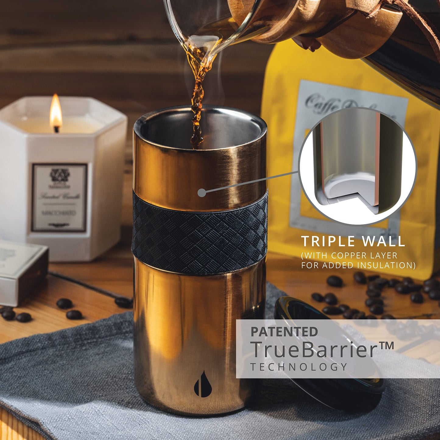 Elemental Artisan Insulated Tumbler, Triple Wall Coffee Travel Mug, Reusable Stainless Steel Coffee Tumbler with Ceramic Lid, Thermal Coffee Cups for Hot (6 Hrs) & Cold (18 Hrs), 16oz - Gold