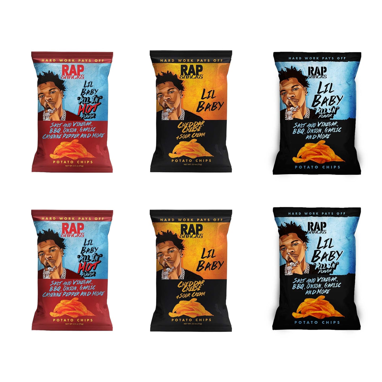 Rap Snacks Lil Baby, Cheddar and Sour Cream, All In and All In Hot Variety-Pack of 6