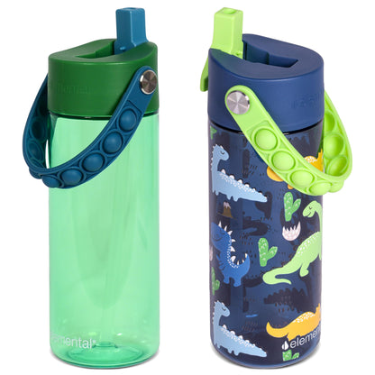 Elemental Leak Proof Water Bottles for Kids - Splash Kids Water Bottle for School with Pop-it Handle - Tritan Plastic Water Bottle with Straw - Dinosaur & Green - 18oz (2 Pack)