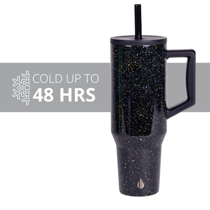 Elemental 40 oz Tumbler with Handle and Straw - Spill Proof Insulated Stainless Steel Commuter for Hot and Cold Beverages - Travel Coffee Mug with 2 Straws & Spill Proof Lid - 40oz - Black Speckle