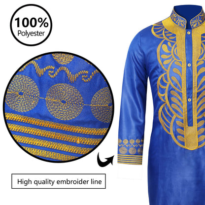 TIDOIRSA African Mens Clothing,Gold Embroidery Men Shirt and Pants Outfit 2 Piece Set (5XL,Blue)