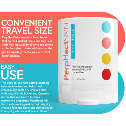 PerpHectSKIN Intensive Foot Repair Roll-On for Cracked Heels and Dry Feet with Rich Natural Emollients, Cupuacu Butter, Shea Butter, and Vitamin E. Non-Messy and Non Slippery, 2.65 Oz