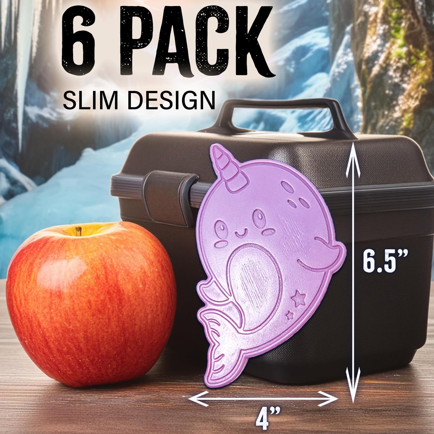 Kona Ice Pals Kids Ice Pack Lunch Box Size - Ice Packs for Lunch Boxes Kids, Lunch Box Ice Packs Reusable, Freezer Packs - Ice Pals Themed Shapes: Dinosaur, Unicorn, Narwhal - Multi-Colored - 6 Pack