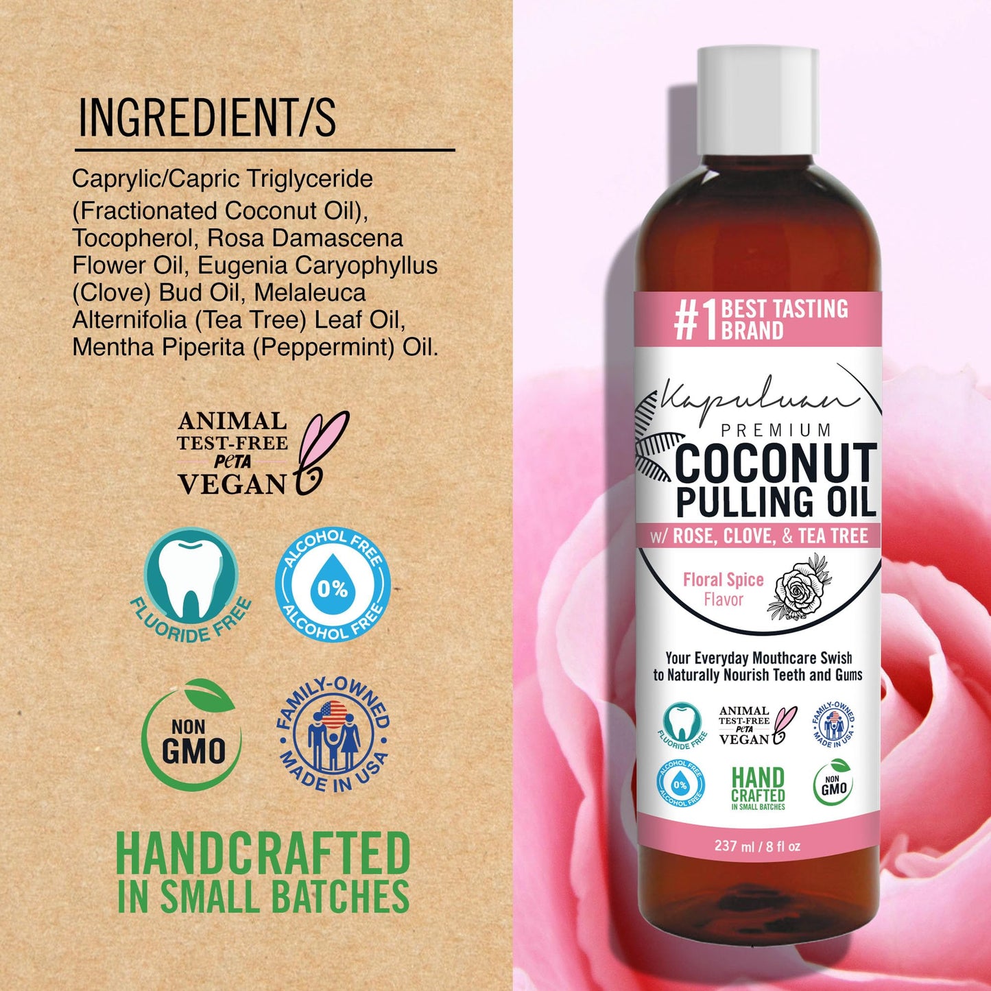 Kapuluan Coconut Oil Pulling for Teeth and Gums Mouthwash, 100% Pure and Natural, Non-GMO, Ayurvedic – Refreshing Rose Clove Essential Oils