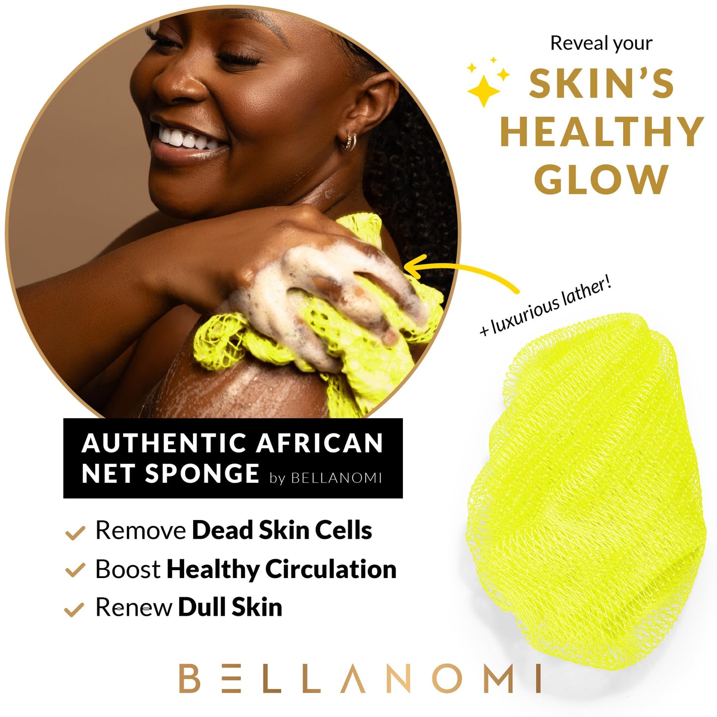 BELLANOMI African Exfoliating Net Sponge, Authentic, Ethically sourced from Nigeria, 45 inches Long, Back Scrubber for Daily use (Lemon)