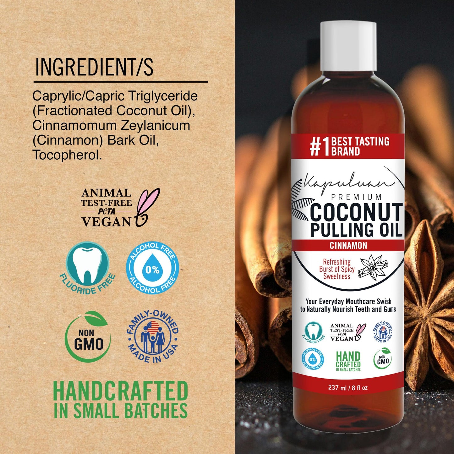 Kapuluan Coconut Oil Pulling for Teeth and Gums Mouthwash, 100% Pure and Natural, Non-GMO, Ayurvedic – Refreshing Cinnamon Essential Oils