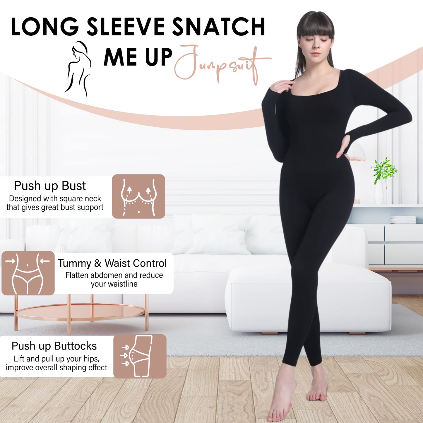 Soo slick Jumpsuits for Women Tummy Control Long Sleeve Sculpting Full Bodysuit | Square Neck Ribbed One Piece Dupes
