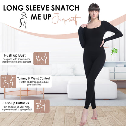 Soo slick Jumpsuits for Women Tummy Control Long Sleeve Sculpting Full Bodysuit | Square Neck Ribbed One Piece Dupes
