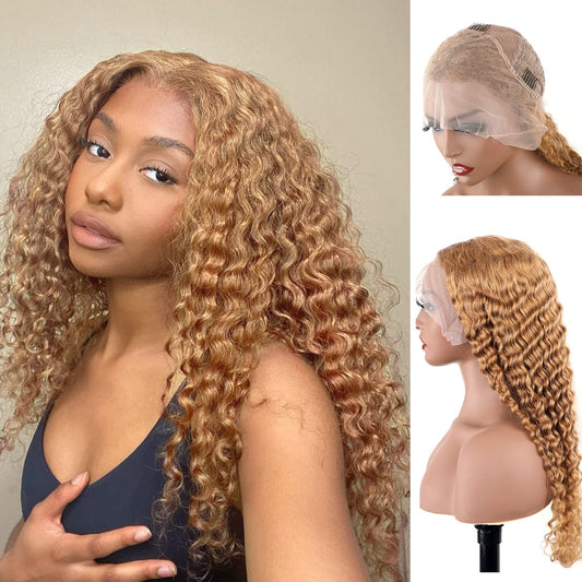 BLY Light Brown Colored 10A Human Hair Blonde Wig Lace Front for Women 13x4 HD Transparent Pre Plucked Deep Wave Curly Glueless Wigs 180% Density #27 Color 20 Inch