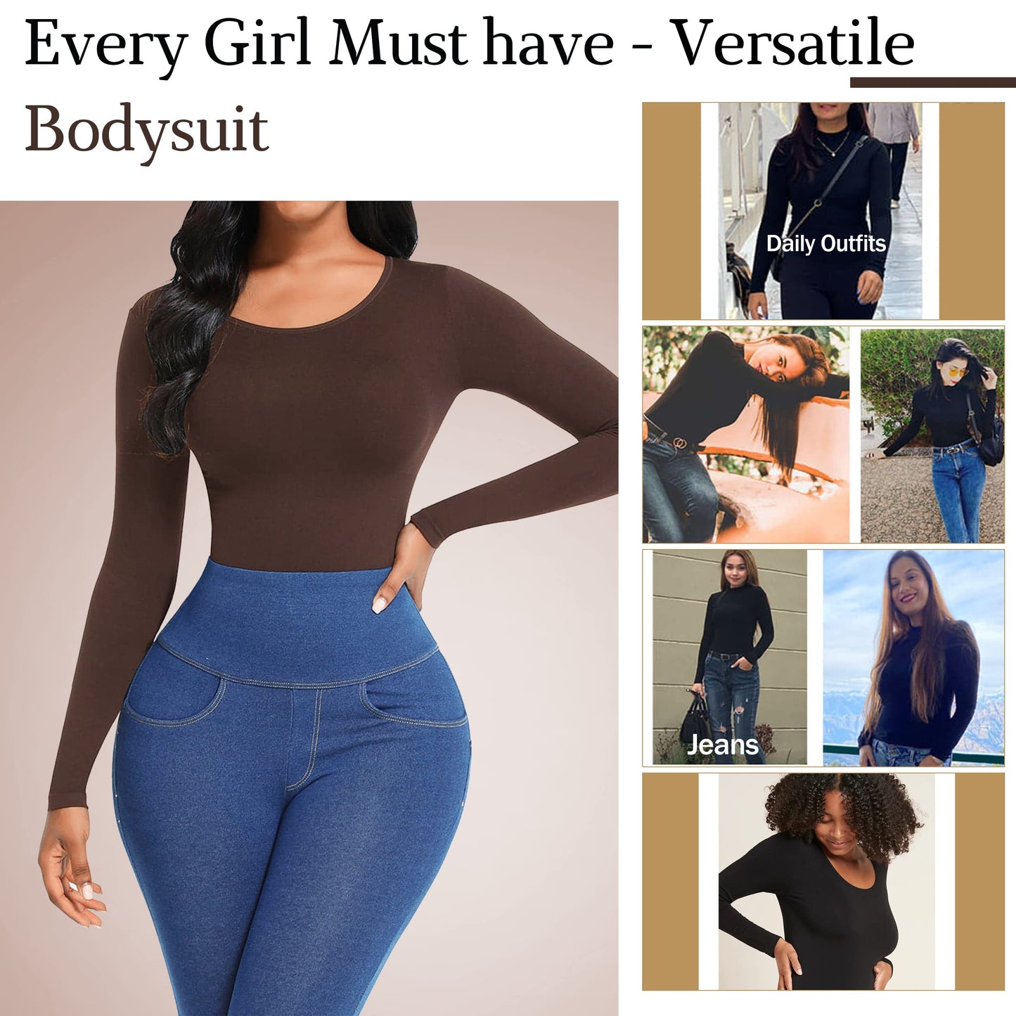 Soo slick Bodysuit for Women Fall Clothes for Women 2024 - Body Shaper Long Sleeve Crew Neck Thong Body Shaping Tops