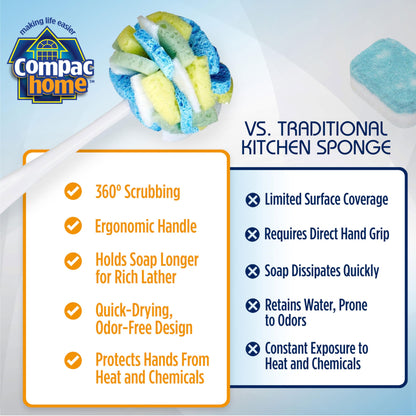 Compac’s Dish SpongeWand Plus Tri Surface Scrubbing Sponge with Cello Foam Scour Sponge Petals, Cleans Dishes, Glassware 360° Scrubber Pads for Tough to Clean Pots Pans, Multi-Color, (Pack of 6)