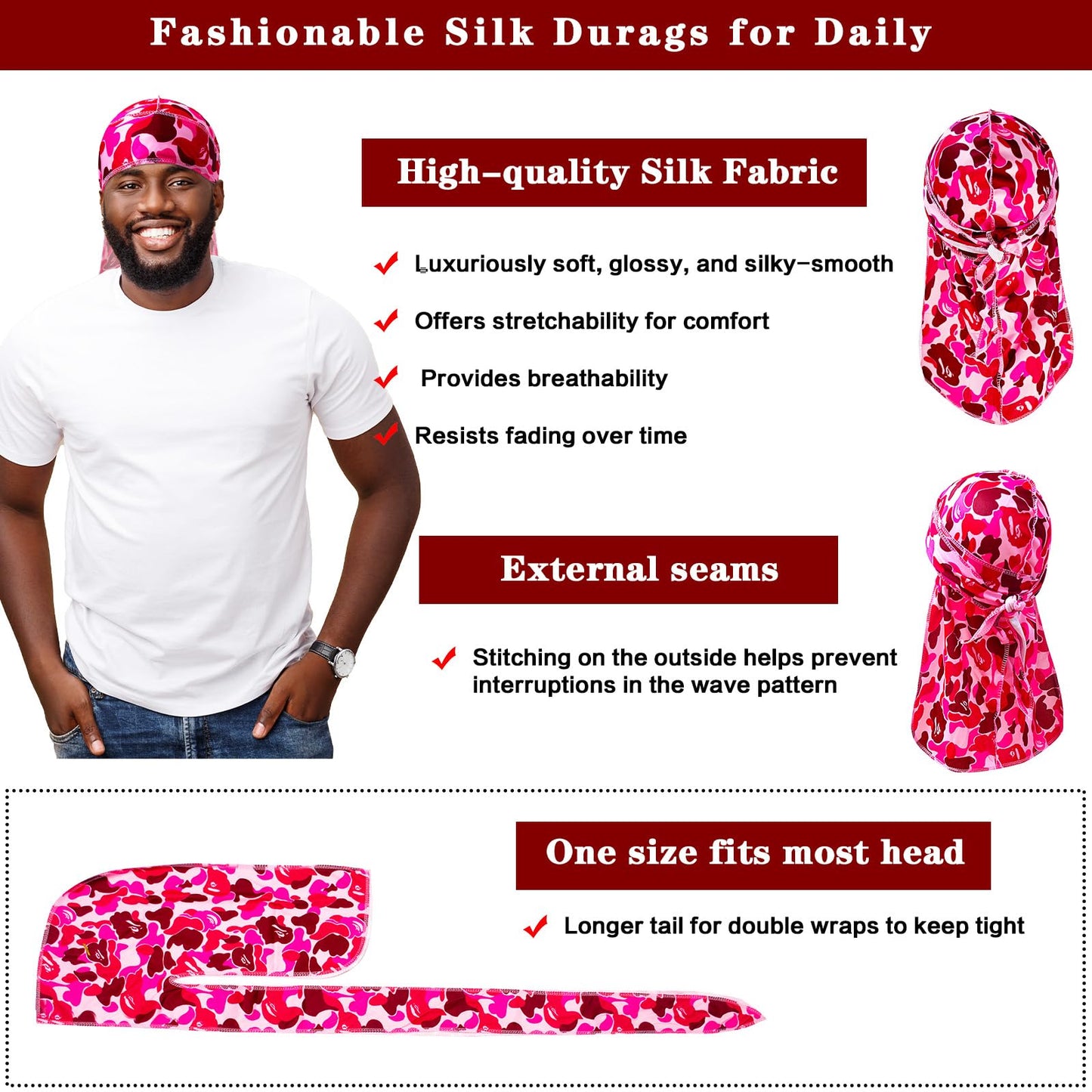 Durag for Men Fashion Do Rag with Long Tail Durag Breathable Bandana Hat Dreadlocks Holder Hoodie Durage Wave Cap Pink Camouflage