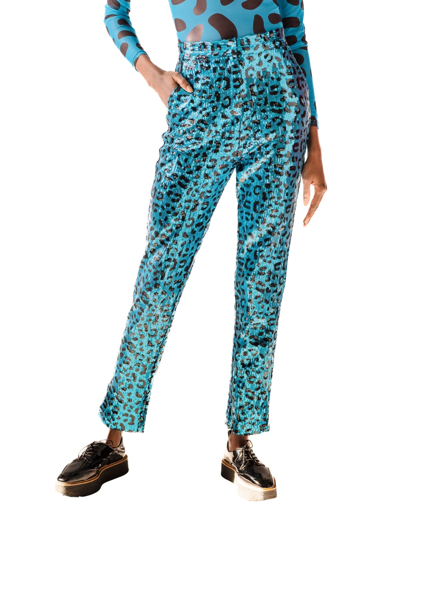 Pantora Women's Stacy Sequin Pant, Blue Leopard, Large