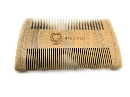 Premium Natural Green Sandalwood Dual-Action Beard Comb with Protective Case – the Perfect Beard & Mustache Grooming Companion & Gift for Men – by Man & Mane