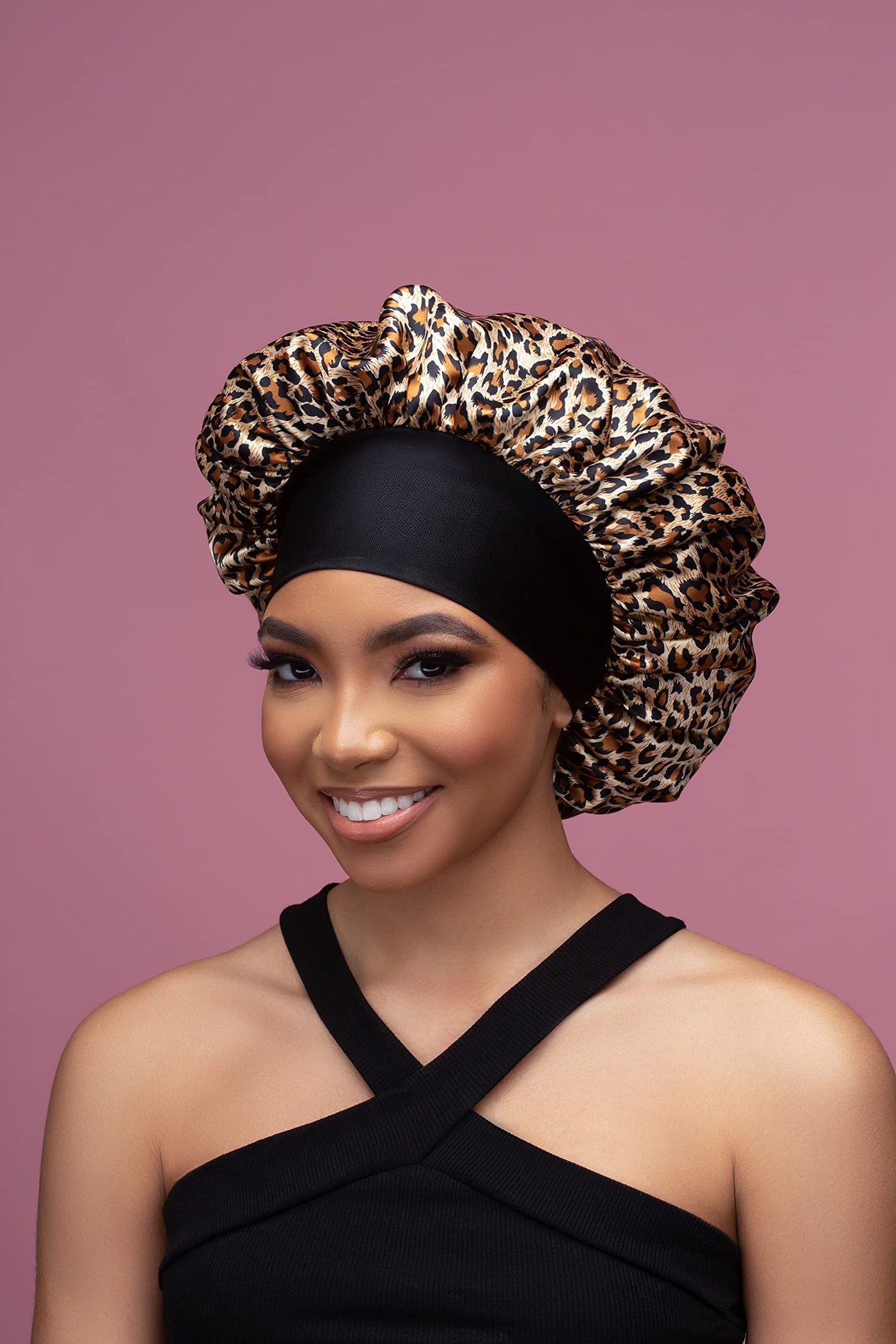 tgin Slip Free Satin Bonnet for Women - Protective - Wavy - Natural Hair - Curly Hair - 3 Pack (Pink, Black, Leopard Print)