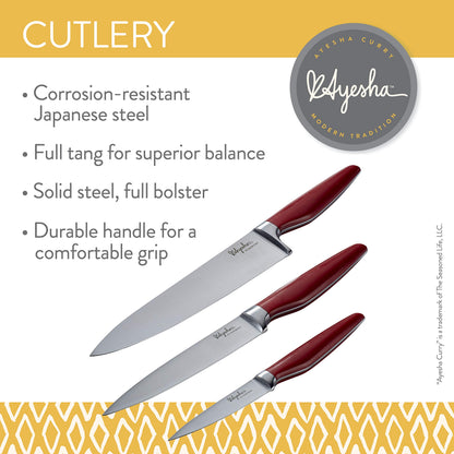 Ayesha Curry Cutlery Japanese Stainless Steel Knife Cooking Knives Set with Sheaths, 8-Inch Chef Knife, 6-Inch Utility Knife, 3.5-Inch Paring Knife, Sienna Red