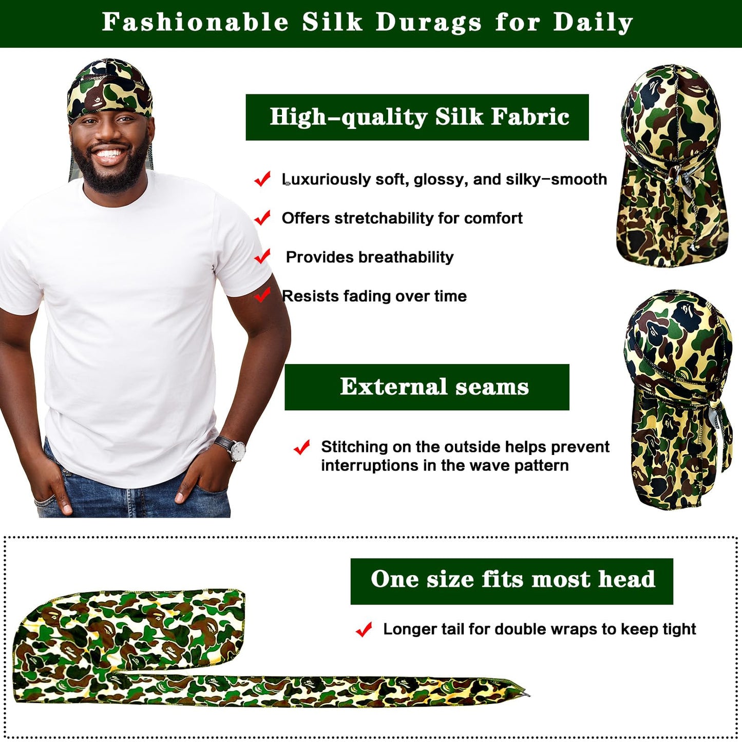 4Pcs Durag Set Silk Durag for Men Designer Durag Printed Do Rag with Long Tail Durag Hip Hop Turban Colorful Headband for Mens Braid Dread
