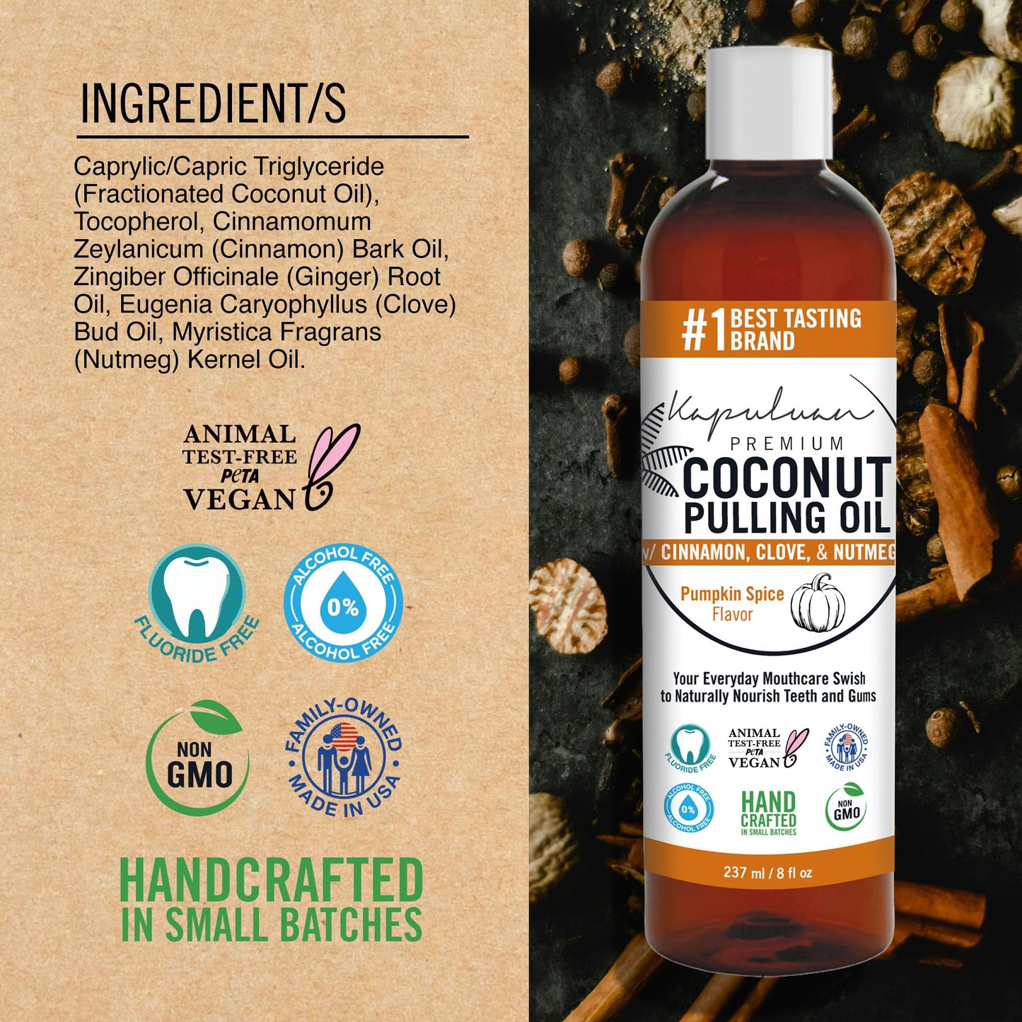 Kapuluan Coconut Pulling Oil for Teeth and Gums Mouthwash, 100% Pure and Natural, Non-GMO, Ayuverdic – Refreshing Pumpkin Spice Essential Oils