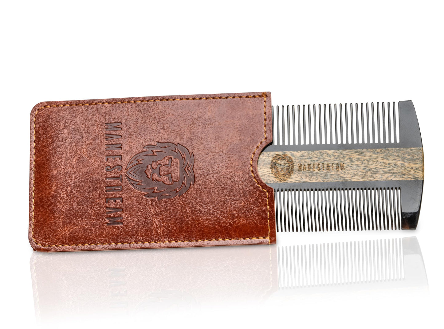 Premium Natural Ox horn and Sandalwood Beard Comb Dual-Action | Double Sided Beard & Mustache Comb with Brown Protective Case | Perfect Grooming Companion & Gift for Men – by Man & Mane