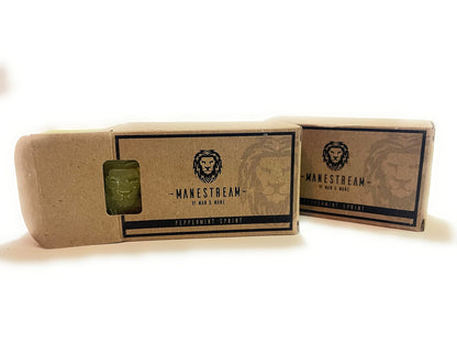 MAN & MANE Manestream Long Lasting, Mild Scented Peppermint Tea Tree 2-in-1 Skin and Shampoo Bar CocoaButter, AloeVera, Jojoba, Bran and Essential Oils, Natural Handmade