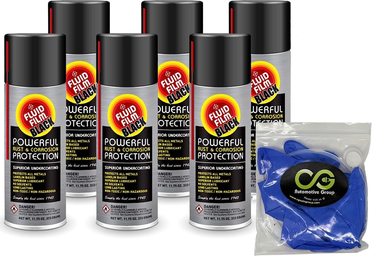 Fluid Film Black 11.75 oz Pack of 6 Rust Converter Spray with Rust Remover, Prevention, and Inhibitor Properties for Metal Protection and Fluid Film Undercoating kit. Includes Gloves, Nozzle & Bundle