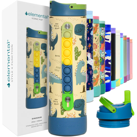 Elemental Iconic Kids Water Bottle with Straw Lid & Stress Reliever Pop It Handle, Leak-Proof When Closed, Triple Insulated Stainless Steel Reusable Thermos Water Bottle, 20oz - Dinosaur