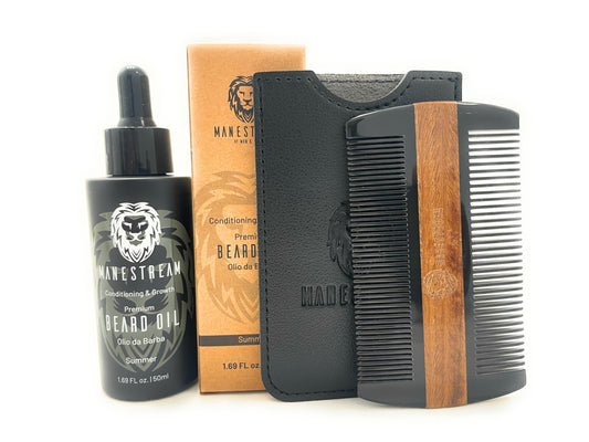 MAN & MANE Premium Natural Ox horn and Sandalwood Dual Action Beard Comb (Black Pouche) and Beard Oil Bundle 50ml (Summer (Orange))