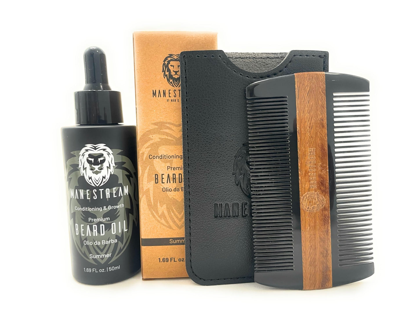 MAN & MANE Premium Natural Ox horn and Sandalwood Dual Action Beard Comb (Black Pouche) and Beard Oil Bundle 50ml (Summer (Orange))
