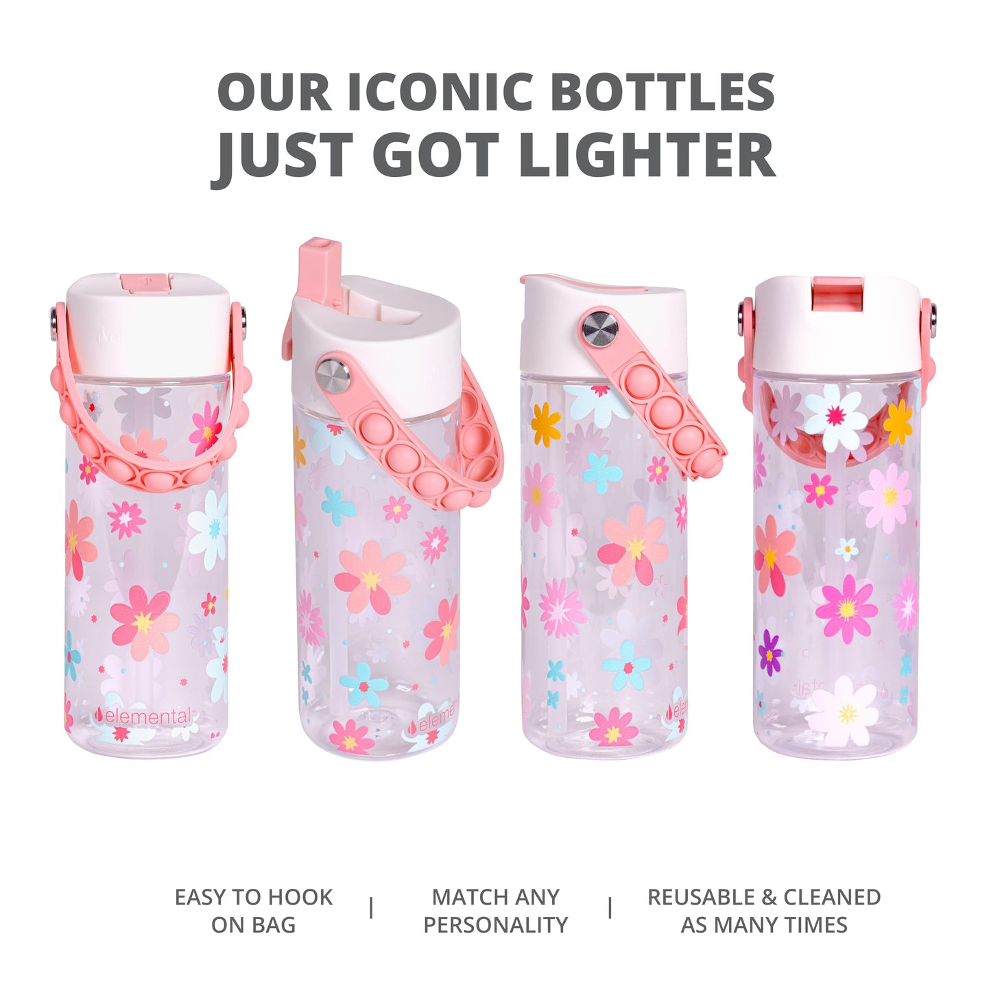Elemental Leak Proof Water Bottles for Kids - Splash Kids Water Bottle for School with Pop-it Handle - BPA Free Tritan Plastic Reusable Water Bottle with Straw - Spring Blossom - 18oz