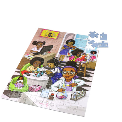 Curly + Confident Clubhouse 100 Piece STEM Jigsaw Puzzle for Future Scientists, Engineers, Artists, Kids Ages 4-8, Kids Ages 8-12. Inspire Love of STEAM by Beautiful Curly Me