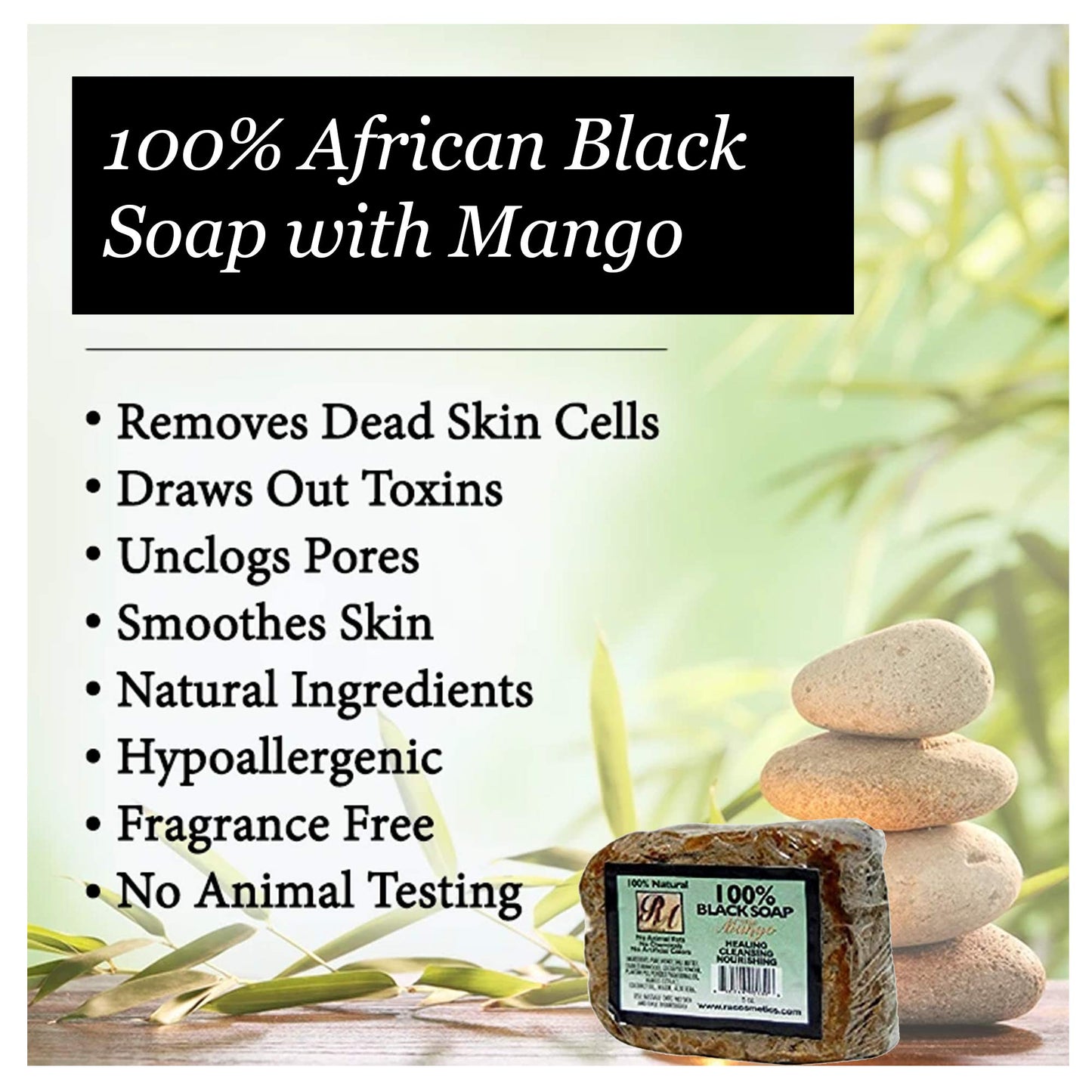 RA Cosmetics 100% Natural African Black Soap, Mango Scent, 5 oz, 141g