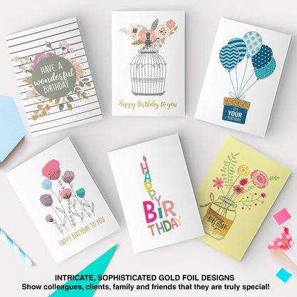 Dessie 30 Unique Happy Birthday Cards 5x7 - Gold Foil Birthday Cards Bulk With Message Inside. 32 White and Colored Envelopes, Perpetual Birthday Calendar and Gold Sealing Stickers Included In Box