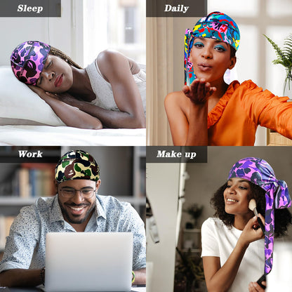 3Pcs Silk Durag for Men Designer Durag for Women Camouflage Silky Cap Rags Hip Hop Turban Hair Wrap for Sleeping Dorag
