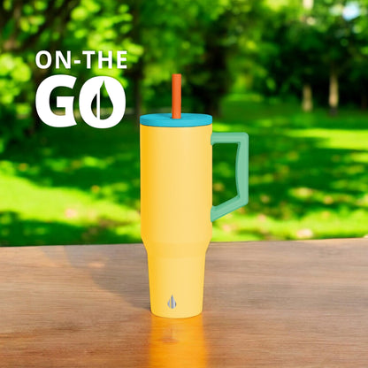 Elemental 40 oz Tumbler with Handle and Straw - Spill Proof Insulated Stainless Steel Commuter for Hot and Cold Beverages - Travel Coffee Mug with 2 Straws & Spill Proof Lid - 40oz - Lemon Zest